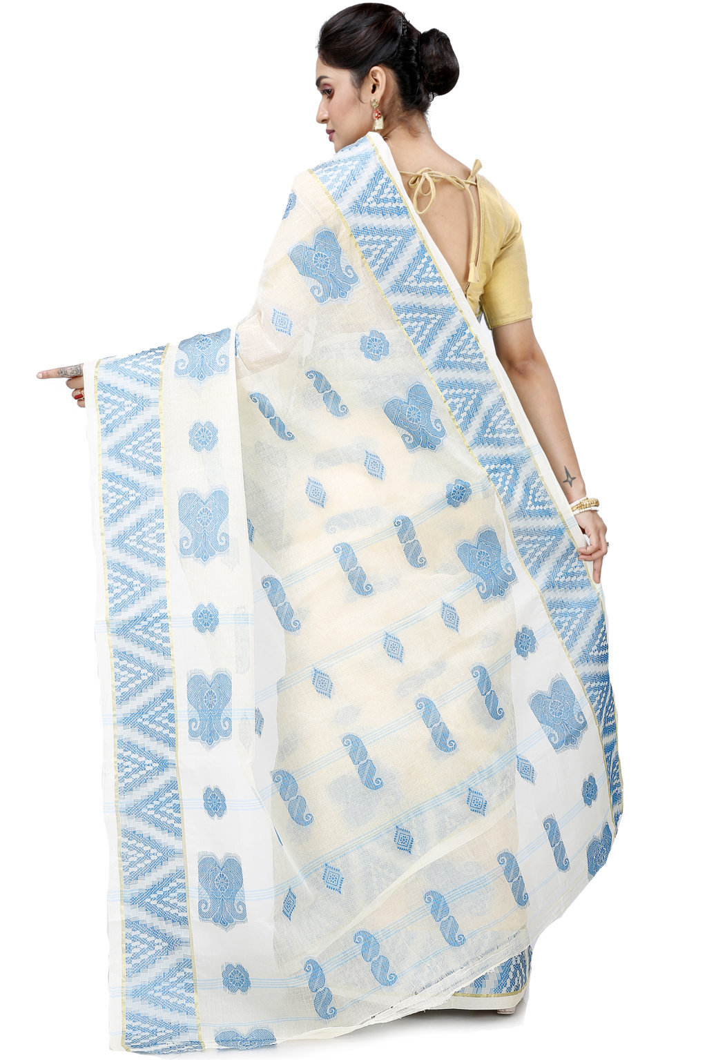 White Sky Blue Pure Cotton Gargi Tant Saree (913)